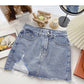 Denim bag hip short skirt personality hole high waist A-line skirt  5366
