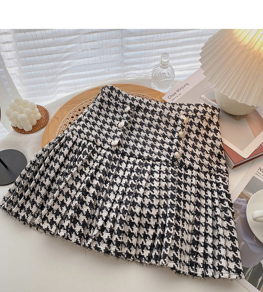 Korean double breasted design retro fashion thousand bird pleated skirt  5413