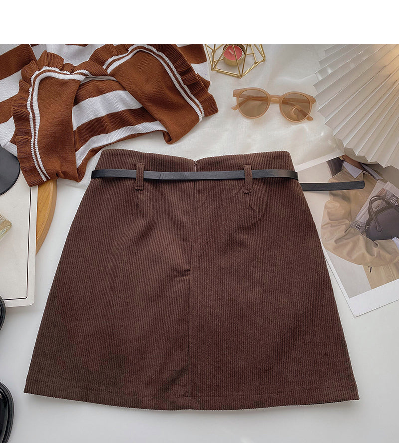 Niche solid color pleated high waist A-line skirt with belt  5579