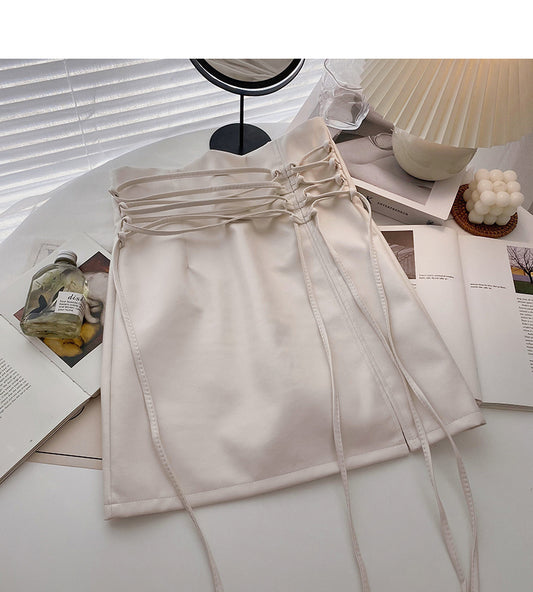 High waist small public design bandage wrap hip thin PU leather skirt  5411