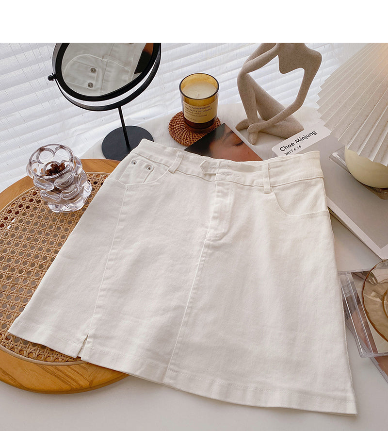 Niche design split A-line solid color high waist thin skirt  5303