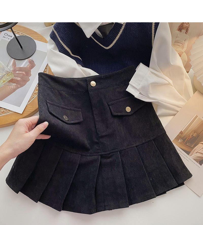 Pleated Hip Wrap Skirt high waist corduroy A-line skirt  5282