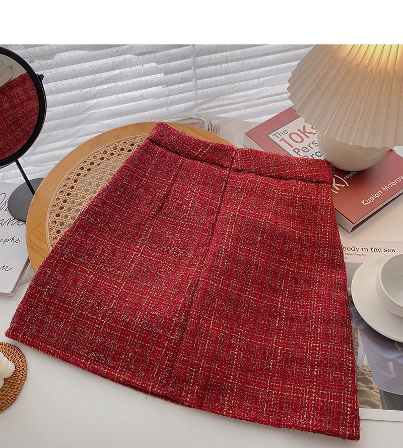 Bright silk tweed short skirt women's Retro Plaid high waist A-shaped skirt  5510