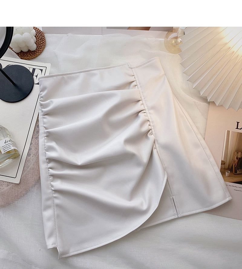 High waist pleated design, irregular, slim, hip wrapped leather skirt  5323