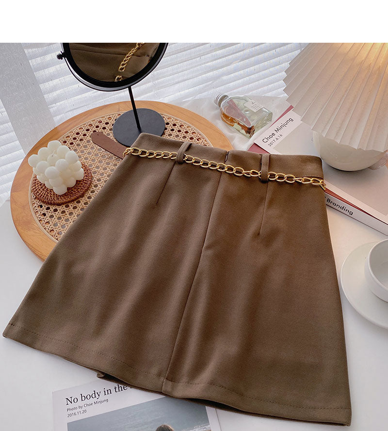 Small design retro chain high waist A-line skirt with belt  5458