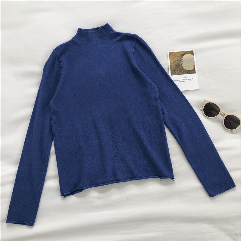 High neck sweater women's solid slim long sleeve Pullover Top  6454