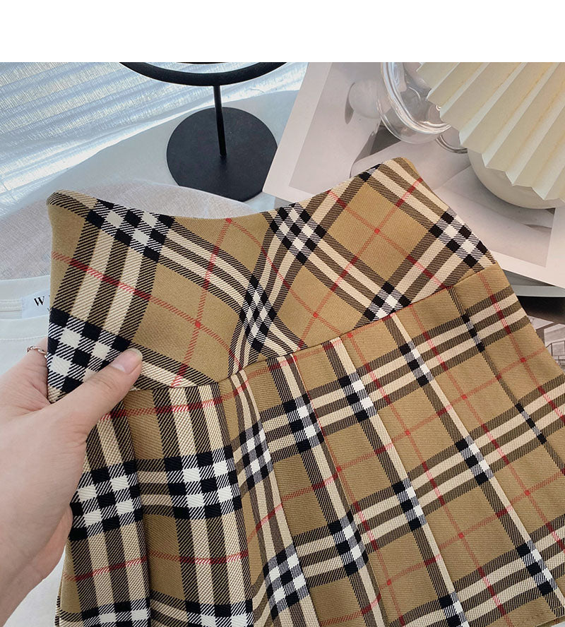 Khaki pleated skirt women's high waist A-line plaid skirt  5314
