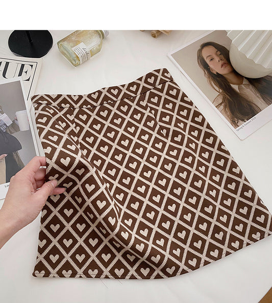 Retro personality love check color contrast slim high waist A-line skirt  5362