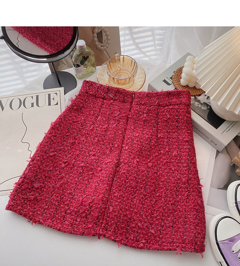 Small fragrant woolen skirt, Hong Kong Style Plaid high waist A-shaped short skirt  5363
