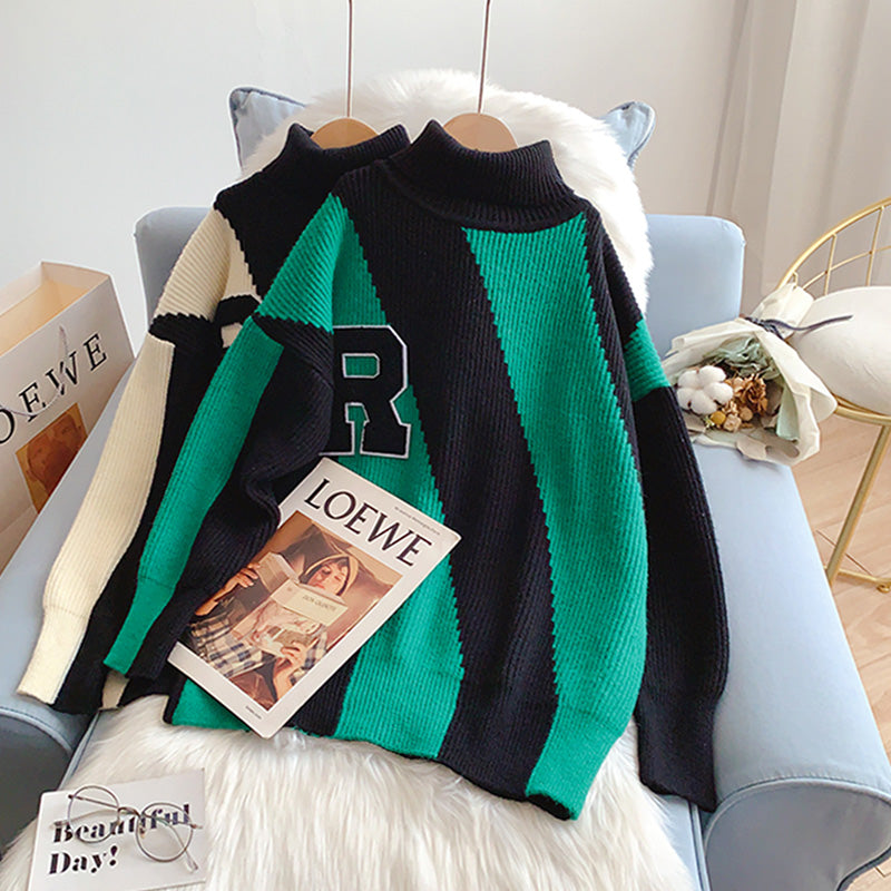 Contrast color turtleneck sweater lazy wind backing sweater top  5217