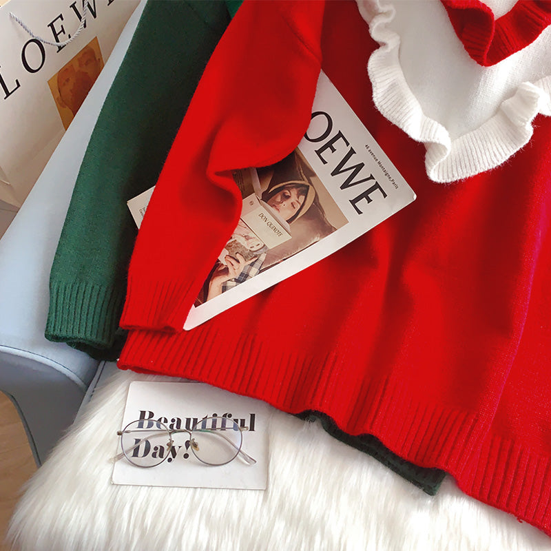 Ruffled V-Neck Sweater aging Knitted Top  5251