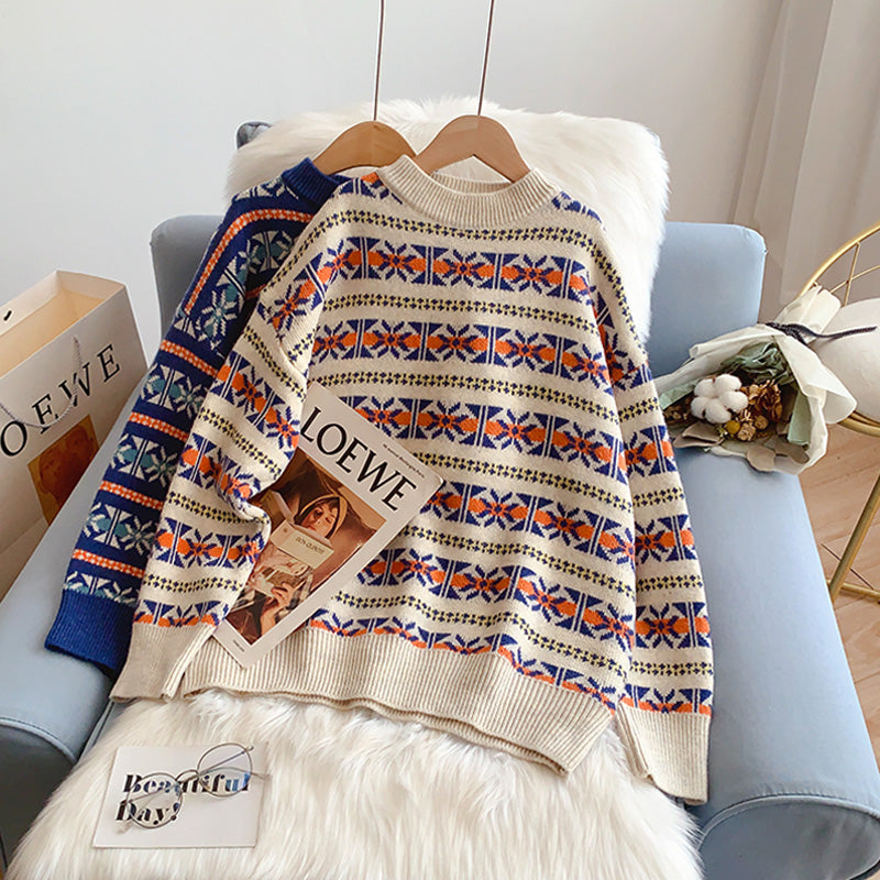 Round neck Vintage jacquard soft waxy sweater female  5166