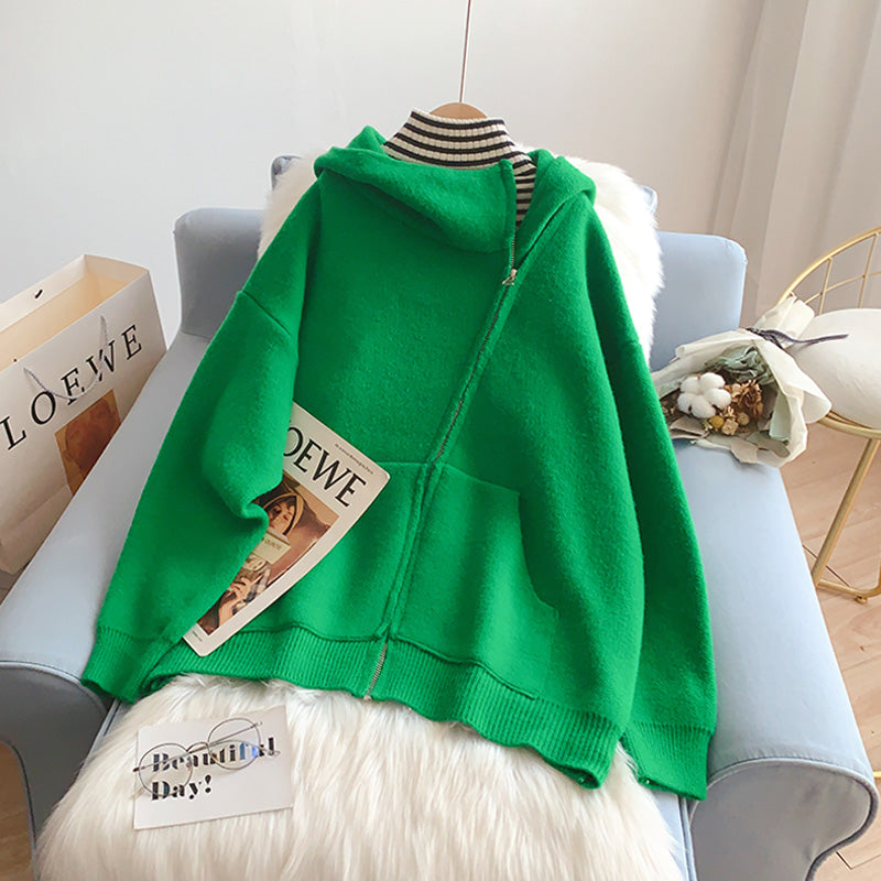 Design inclined zipper hooded sweater women's coat  5220