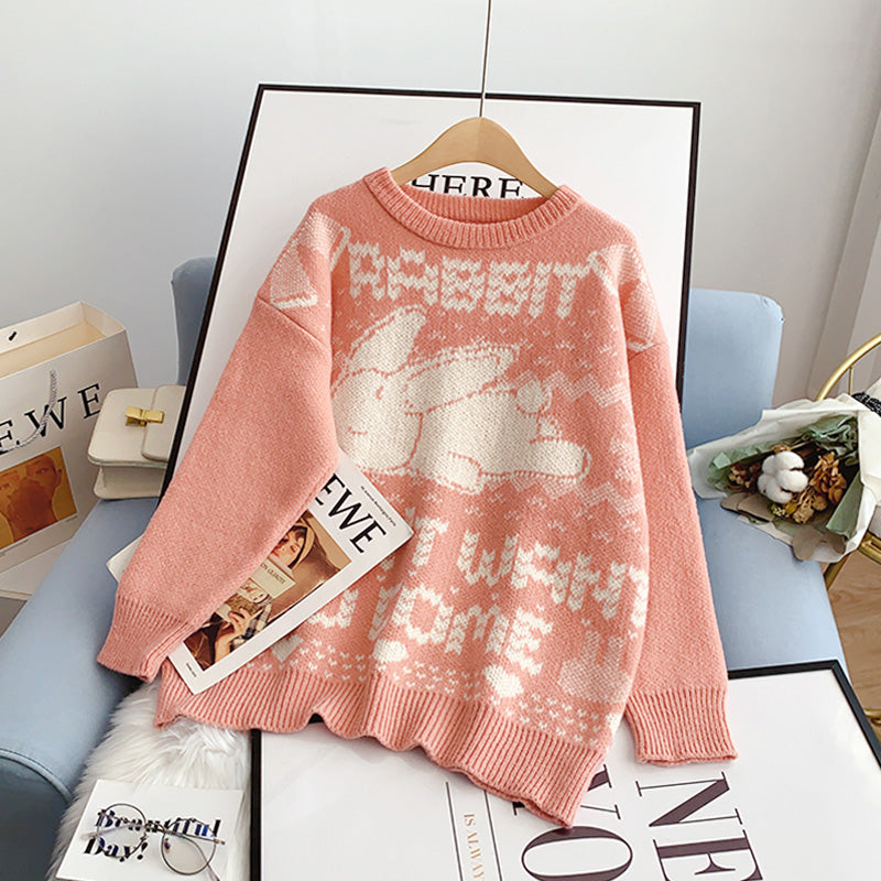 Japanese retro cute rabbit jacquard sweater  5175
