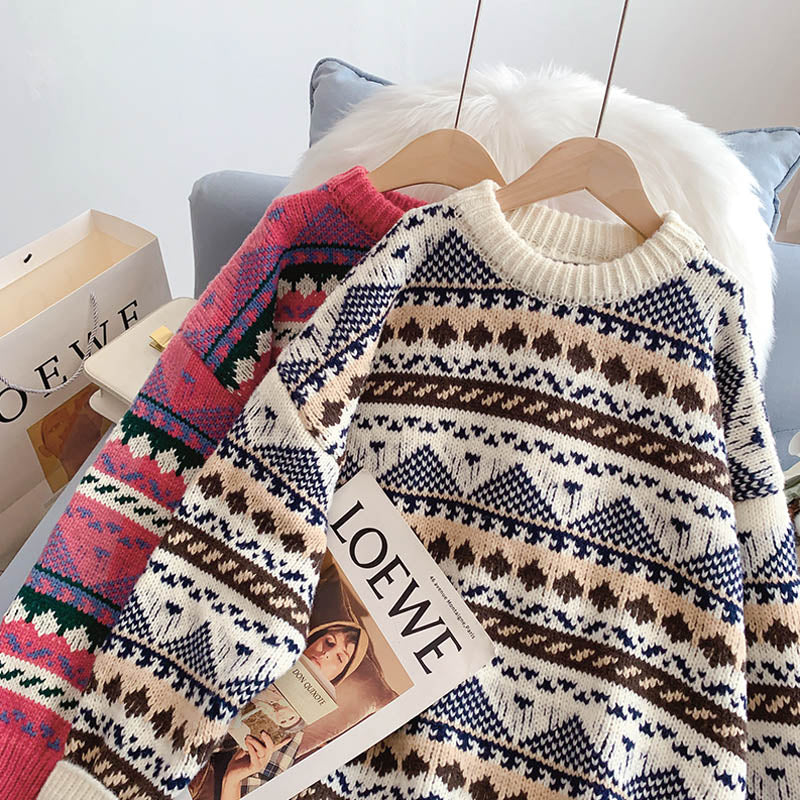 Vintage jacquard sweater loose lazy top  5135