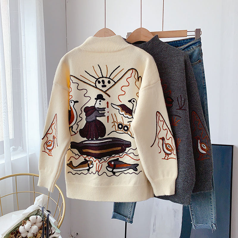 Pullover mit schwerer Industriestickerei im Retro-Hongkong-Stil mit halbhohem Kragen 5160