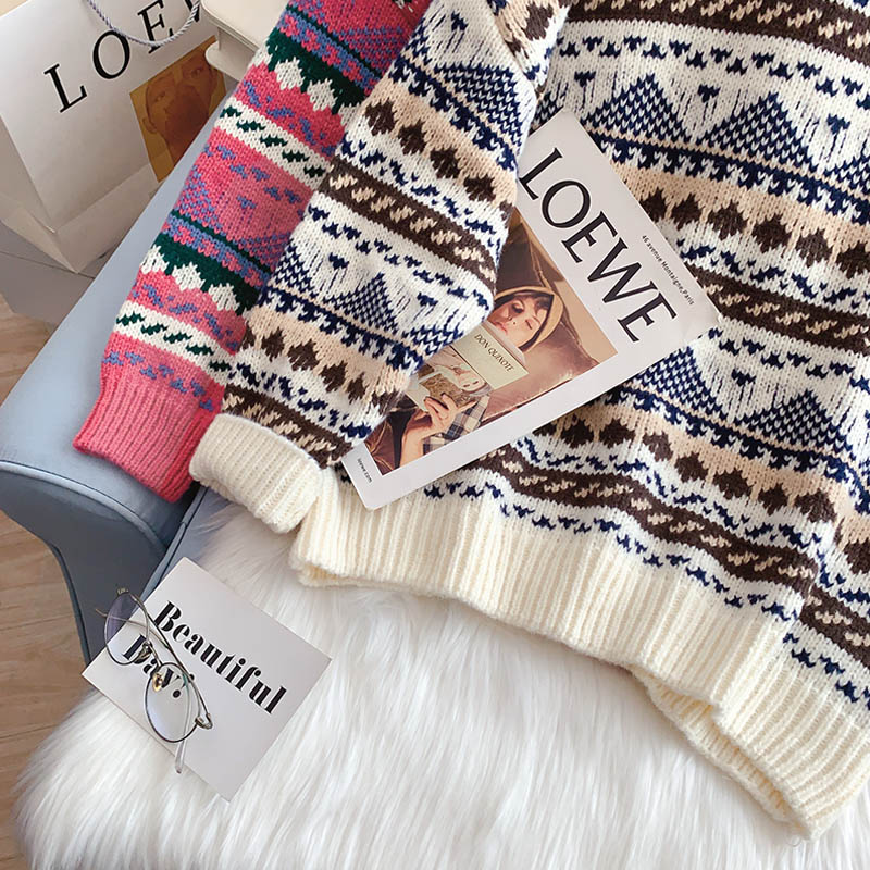 Vintage jacquard sweater loose lazy top  5135