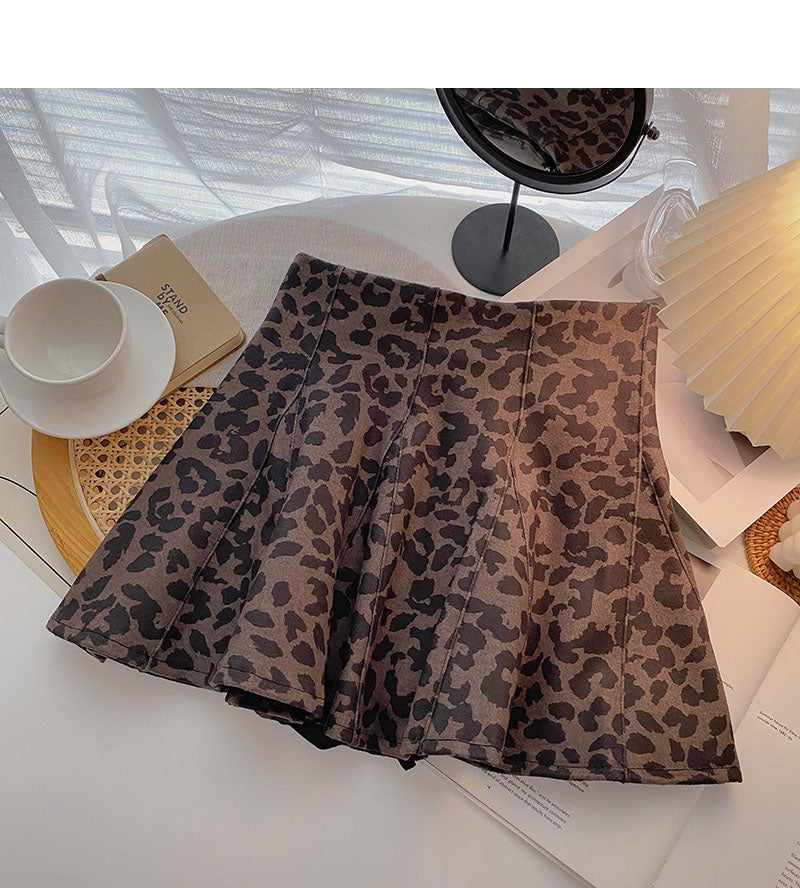 Design sense personalized zipper high waist A-line leopard skirt  5315