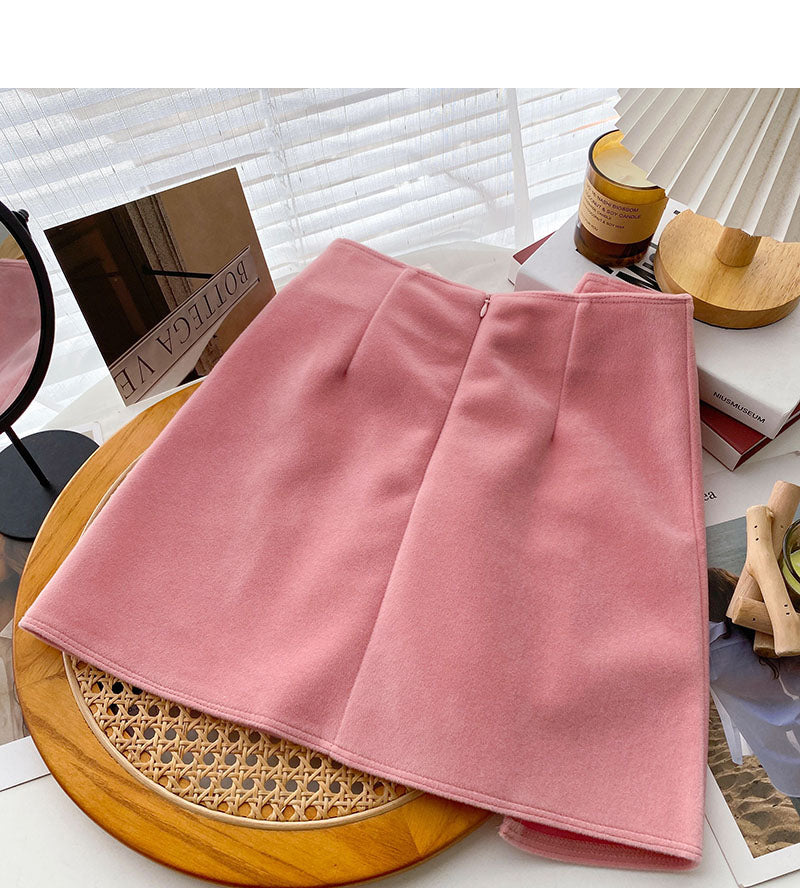 High waist irregular tweed skirt sweet solid color  5354