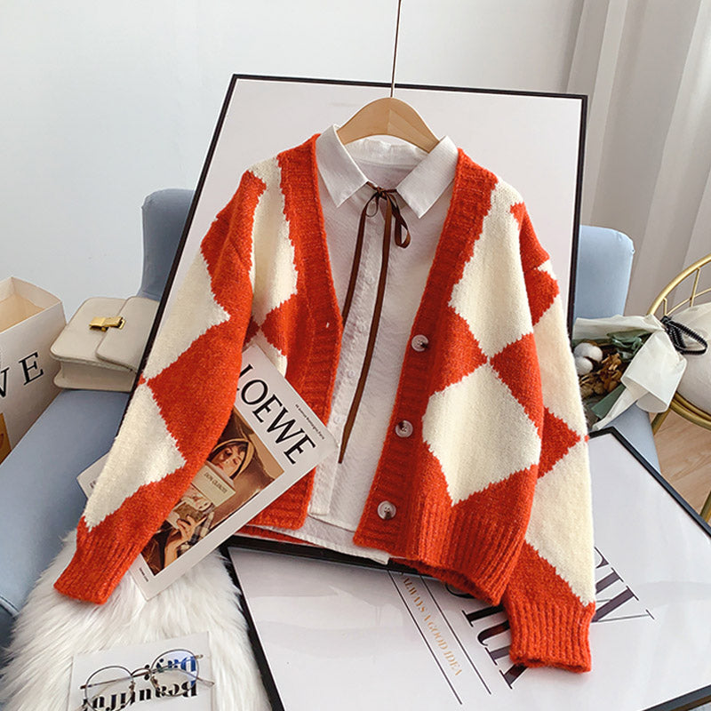 Vintage rhombic contrast cardigan sweater knitted jacket  5242