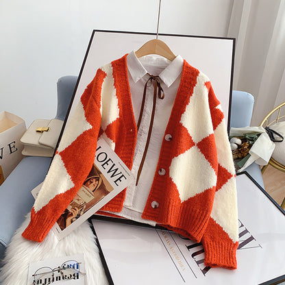 Vintage rhombic contrast cardigan sweater knitted jacket  5242