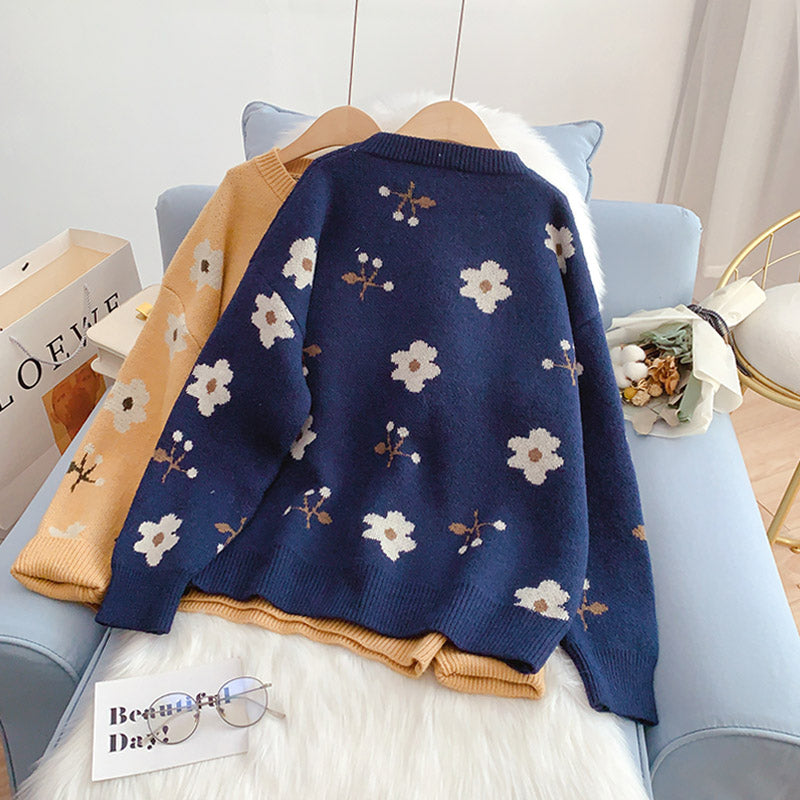 Vintage flower sweater round neck jacquard sweater 5207