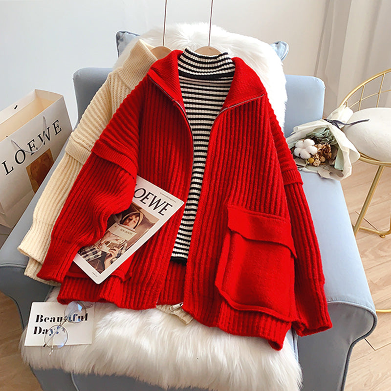 High neck zipper large pocket design sweater coat  5190