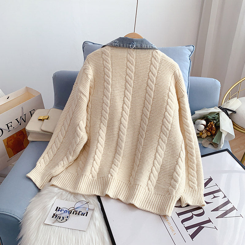 Denim stitched sweater coat, women's design, versatile  5241