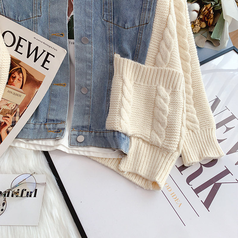 Denim stitched sweater coat, women's design, versatile  5241