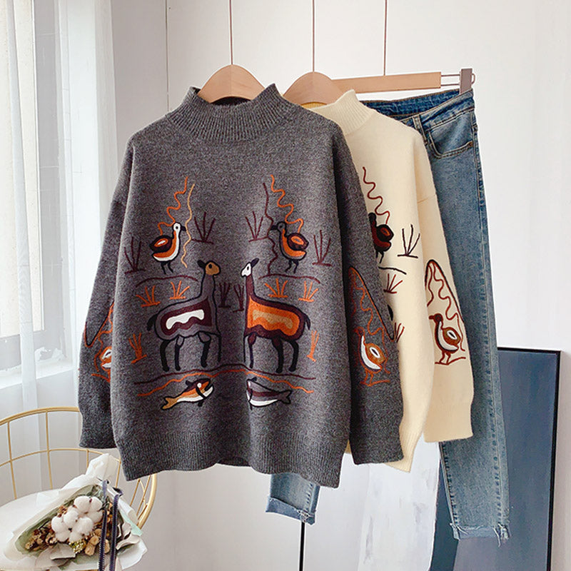 Pullover mit schwerer Industriestickerei im Retro-Hongkong-Stil mit halbhohem Kragen 5160