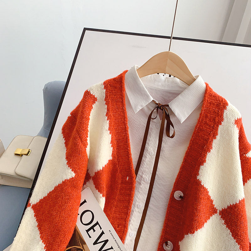 Vintage rhombic contrast cardigan sweater knitted jacket  5242