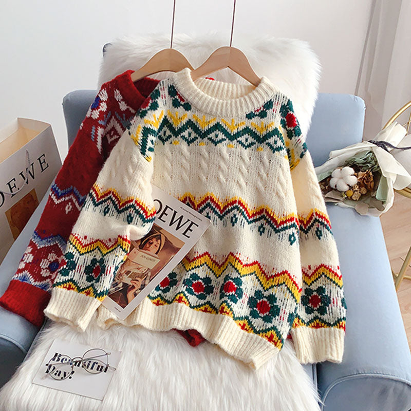 Vintage jacquard red sweater coarse wool sweater top  5134