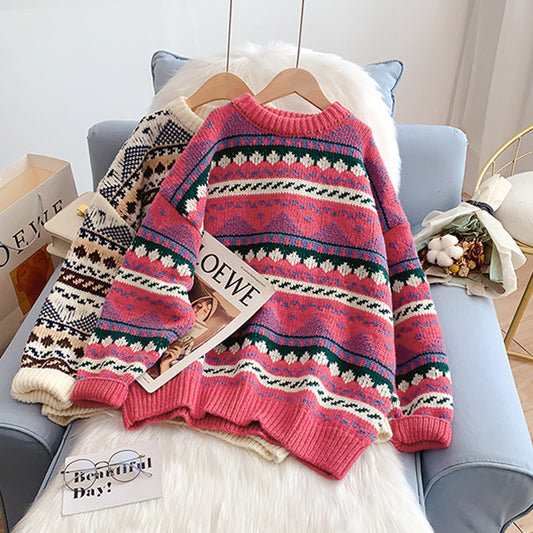 Vintage jacquard sweater loose lazy top  5135