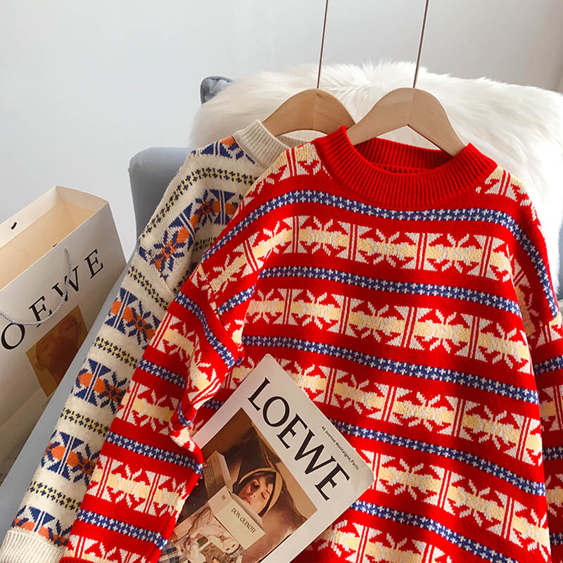 Round neck Vintage jacquard soft waxy sweater female  5166