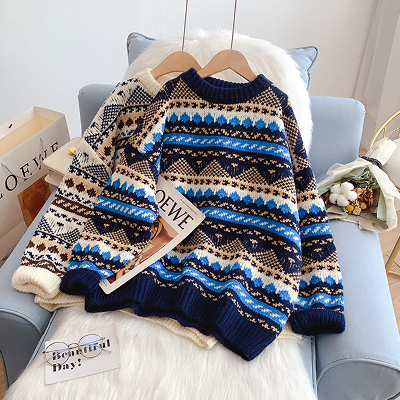 Vintage jacquard sweater loose lazy top  5135