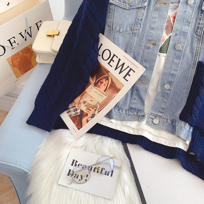 Denim stitched sweater coat, women's design, versatile  5241