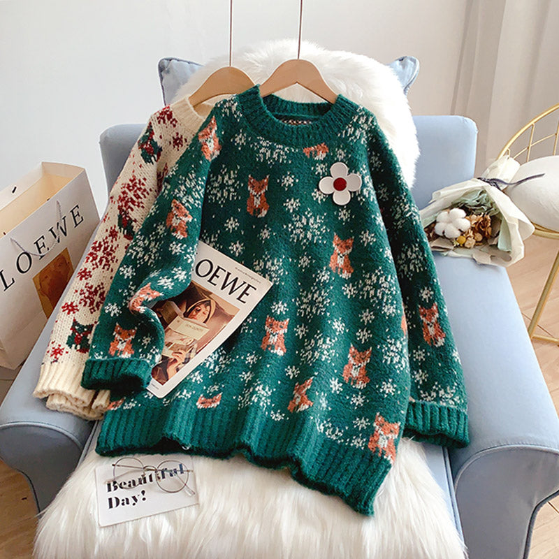 Vintage Red Christmas jacquard knitted sweater  5125