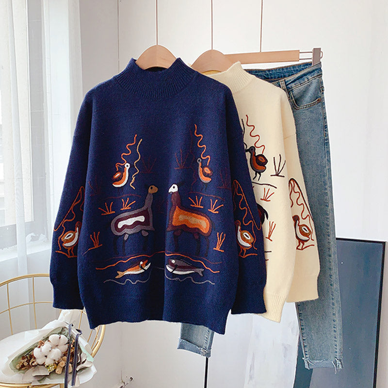 Pullover mit schwerer Industriestickerei im Retro-Hongkong-Stil mit halbhohem Kragen 5160