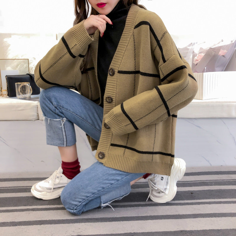 Harajuku Pullover Cardigan Karierte Strickjacke 5268