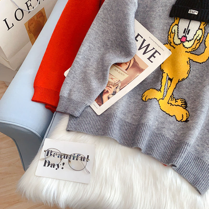 Red cute cartoon round neck sweater female  5142