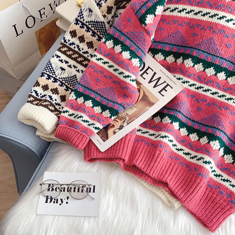 Vintage jacquard sweater loose lazy top  5135