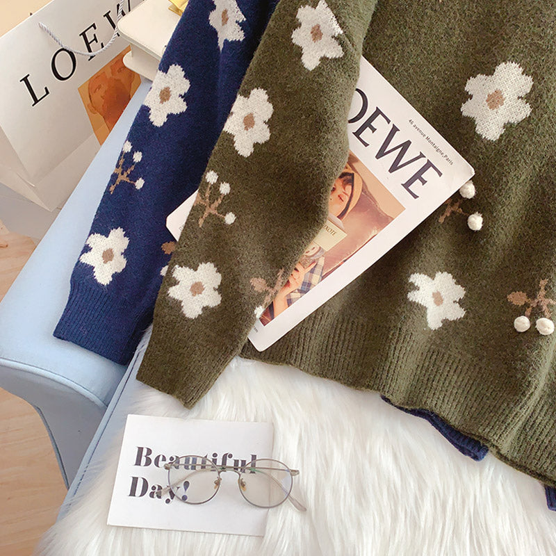 Vintage flower sweater round neck jacquard sweater 5207