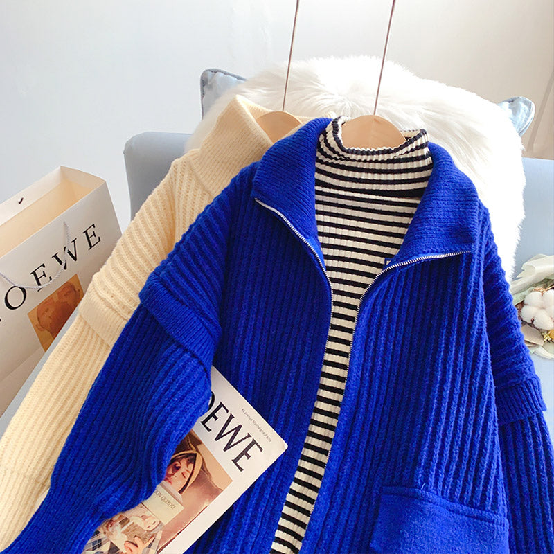 High neck zipper large pocket design sweater coat  5190