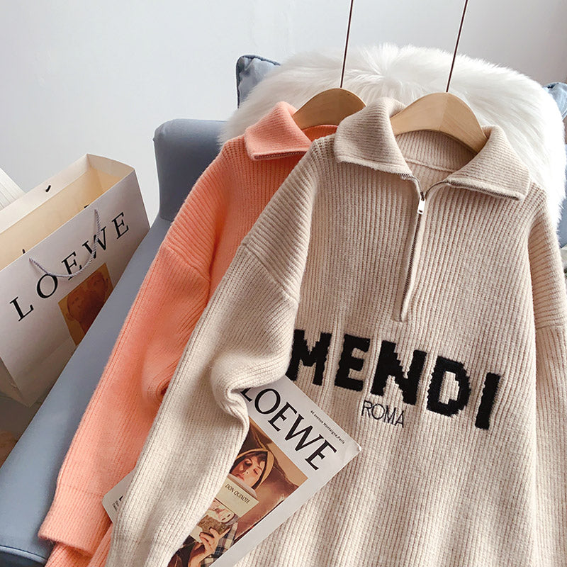 Design high neck zipper sweater Lapel sweater  5212