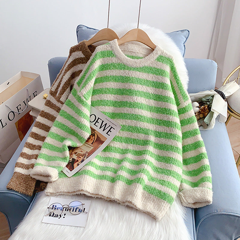 Striped Pullover Sweater coarse wool sweater top  5235