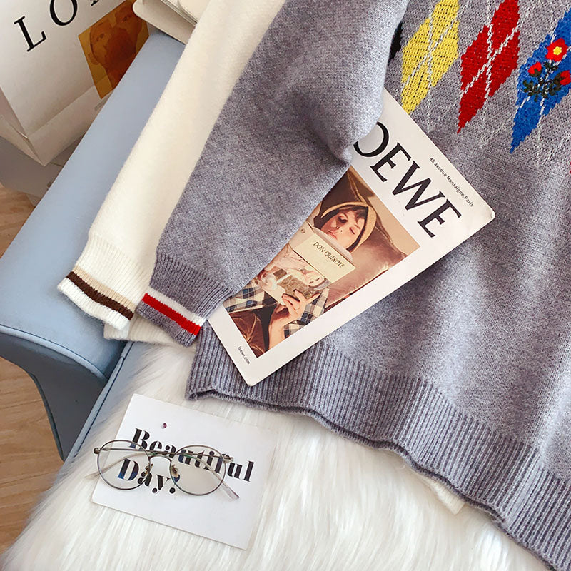 Ling Ge retro V-Neck Sweater sweater sweater top  5201