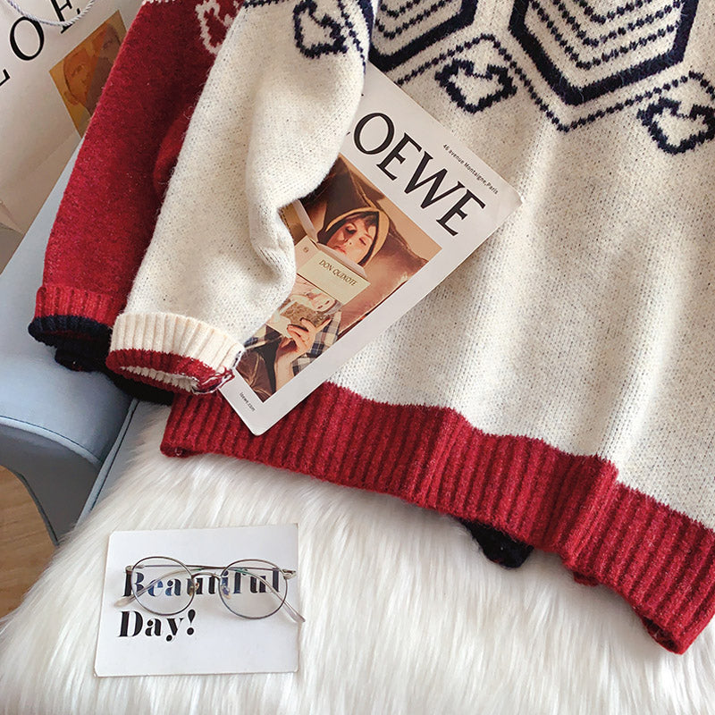 Korean design contrast color love sweater coat  5188