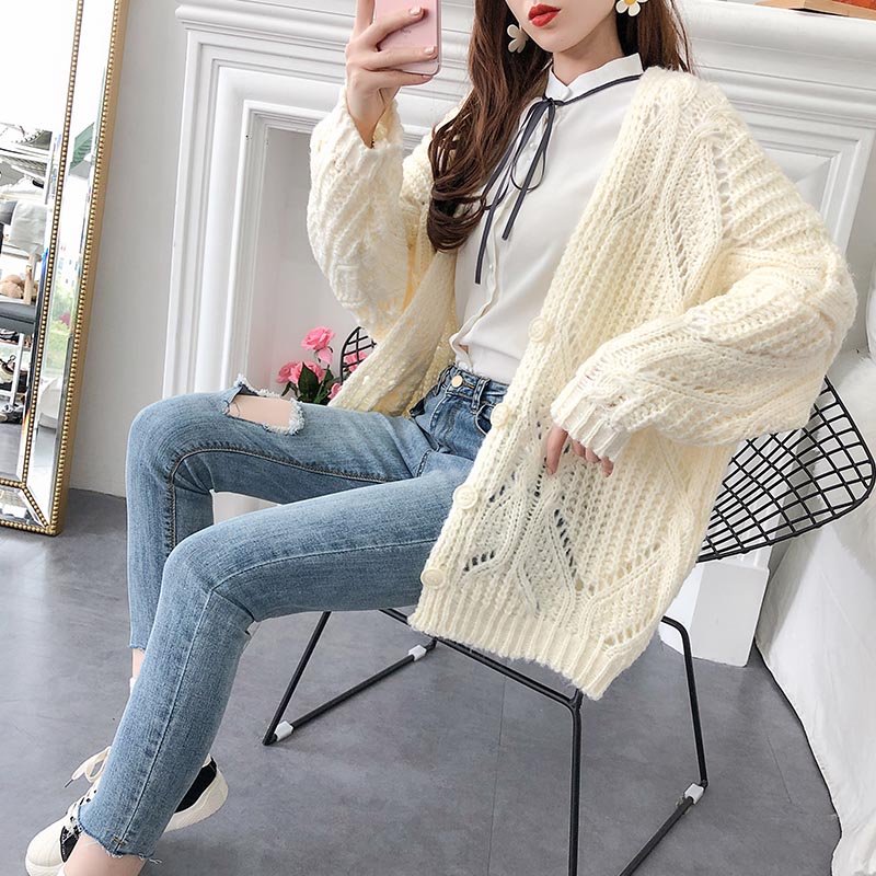 Medium length lazy wind thick sweater cardigan women 5266