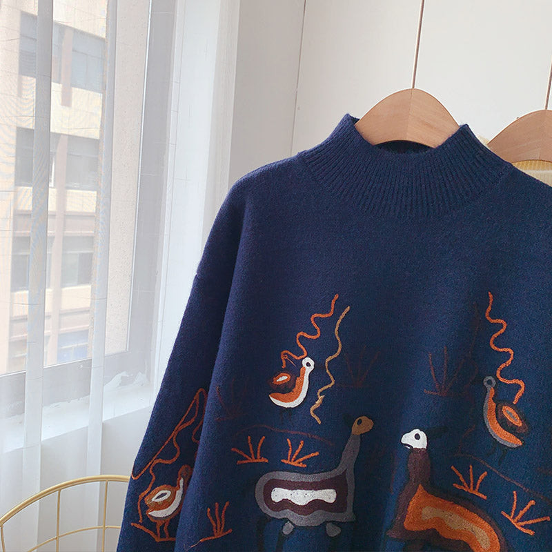 Pullover mit schwerer Industriestickerei im Retro-Hongkong-Stil mit halbhohem Kragen 5160