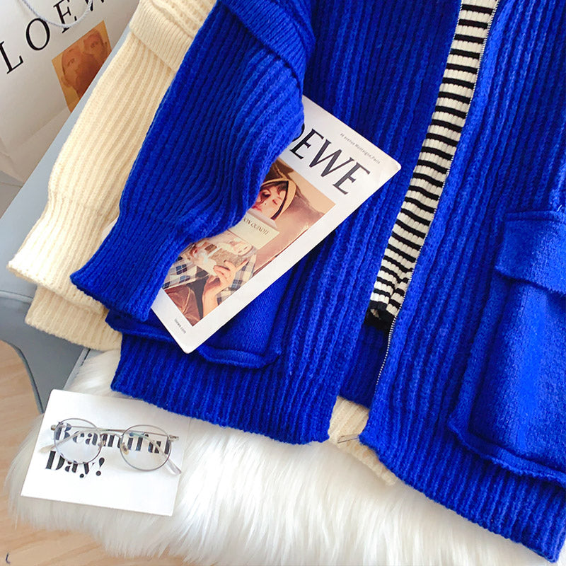 High neck zipper large pocket design sweater coat  5190